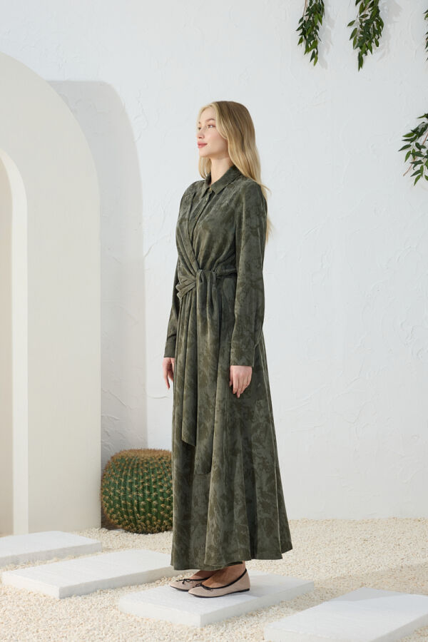 Haki Jakarlı Bağlama Detaylı Elbise - 3