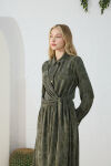 Haki Jakarlı Bağlama Detaylı Elbise - 5