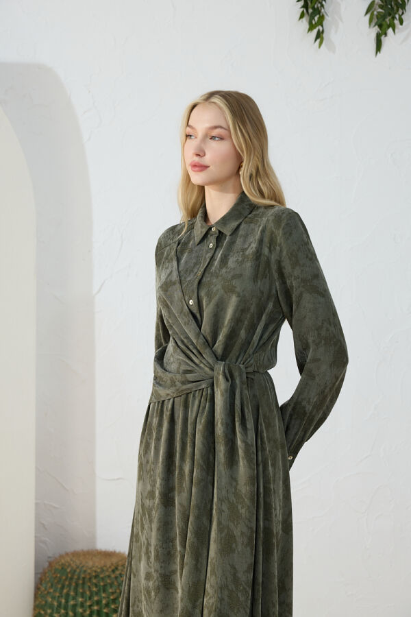 Haki Jakarlı Bağlama Detaylı Elbise - 5