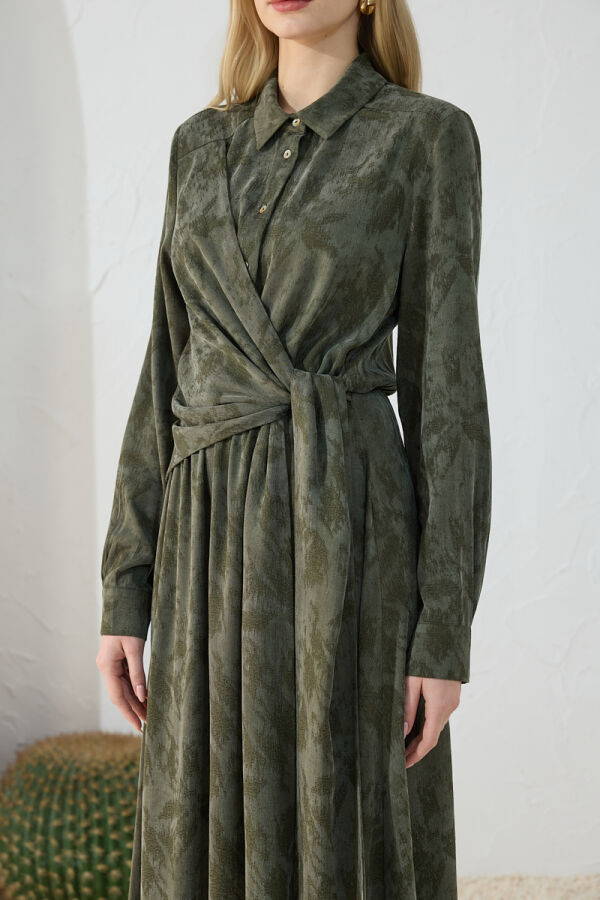 Haki Jakarlı Bağlama Detaylı Elbise - 6