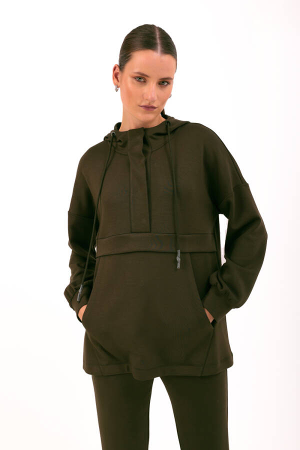 Haki Kapüşonlu Örme Spor Sweat - 3