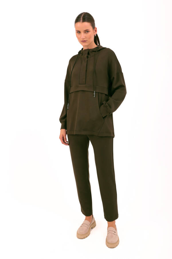 Haki Kapüşonlu Örme Spor Sweat - 4