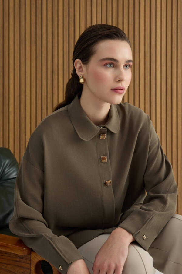 Haki Kare Düğmeli Viscon Tunik - Aker (1)