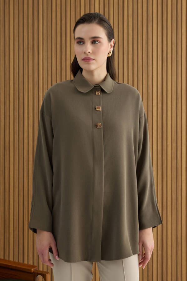 Haki Kare Düğmeli Viscon Tunik - 3