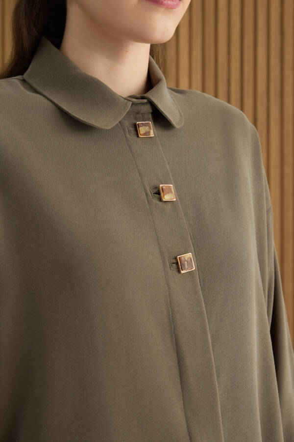 Haki Kare Düğmeli Viscon Tunik - 5