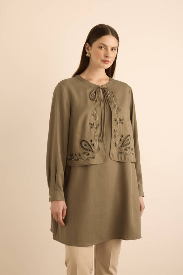 Haki Ön Bedeni Nakışlı Tunik - 3