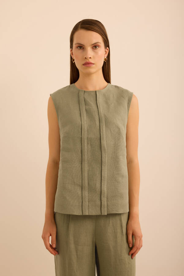 Haki Önü Kup Detaylı Kolsuz Keten Bluz - Aker (1)