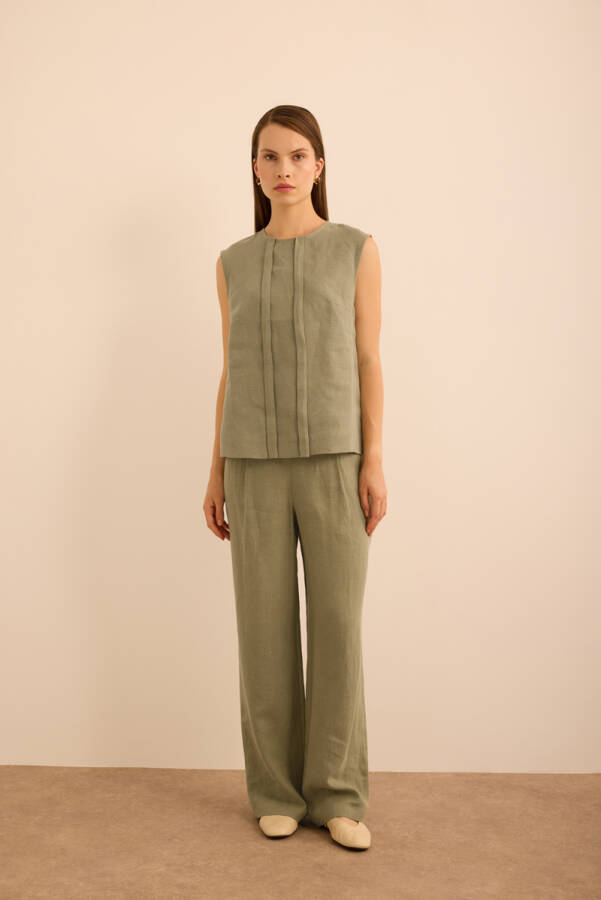 Haki Önü Kup Detaylı Kolsuz Keten Bluz - Aker