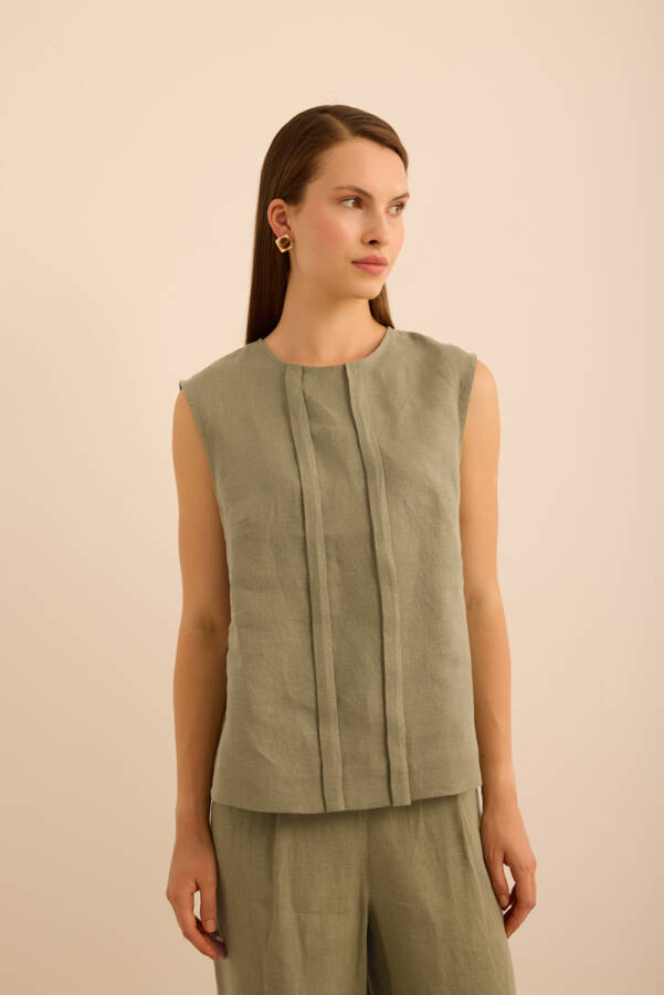 Haki Önü Kup Detaylı Kolsuz Keten Bluz - 5