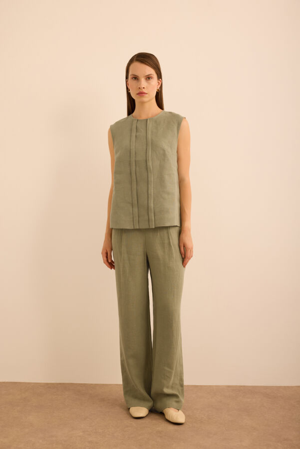 Haki Önü Kup Detaylı Kolsuz Keten Bluz - 1