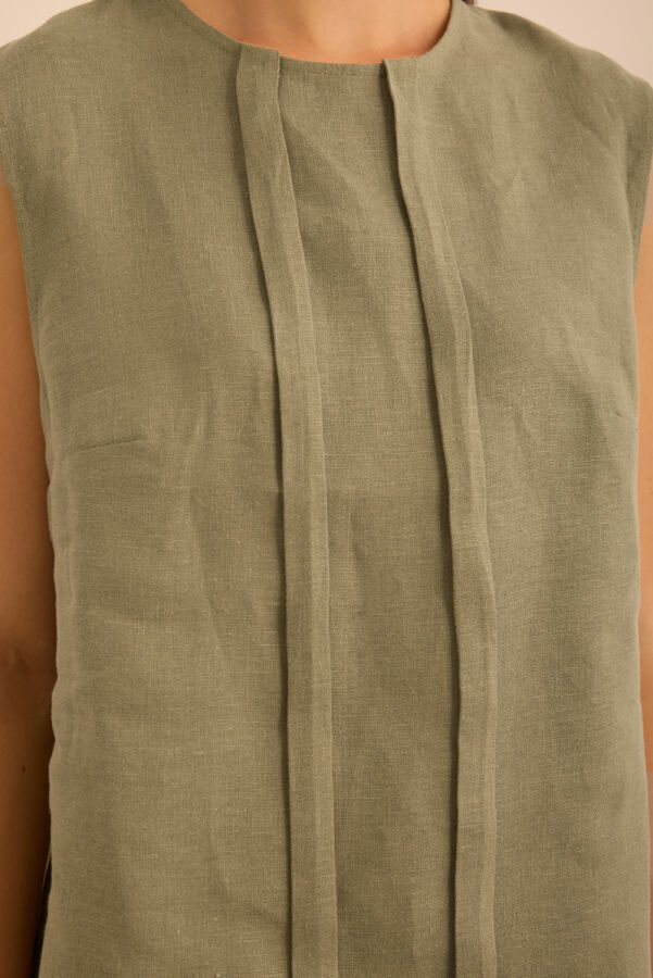 Haki Önü Kup Detaylı Kolsuz Keten Bluz - 6