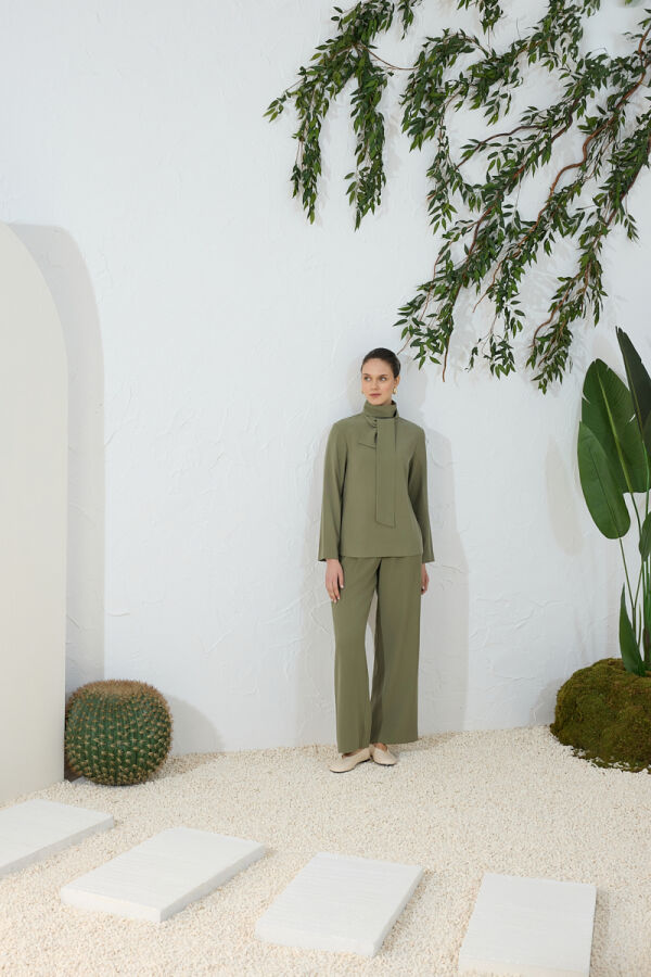 Haki Şal Yaka Bluz - 1