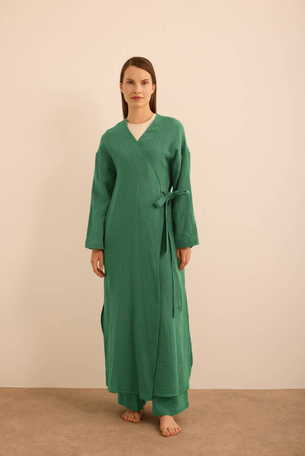 Haki Viscon Cotton , Yandan Bağlamalı Sabahlık - Aker