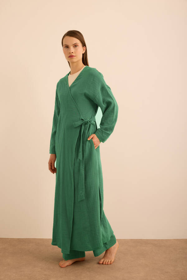 Haki Viscon Cotton , Yandan Bağlamalı Sabahlık - Aker (1)