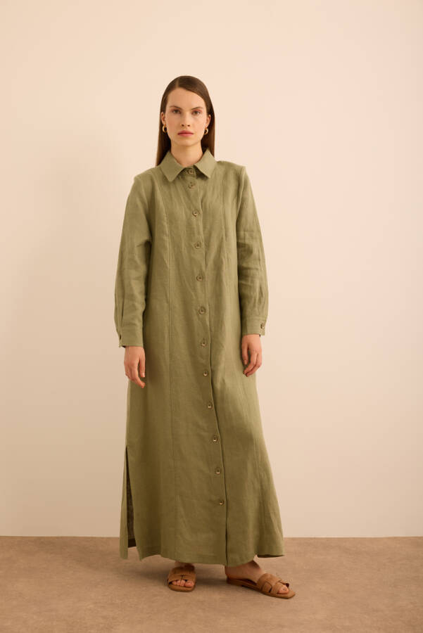 Haki Yanları Yırtmaçlı Keten Pardösü - Aker