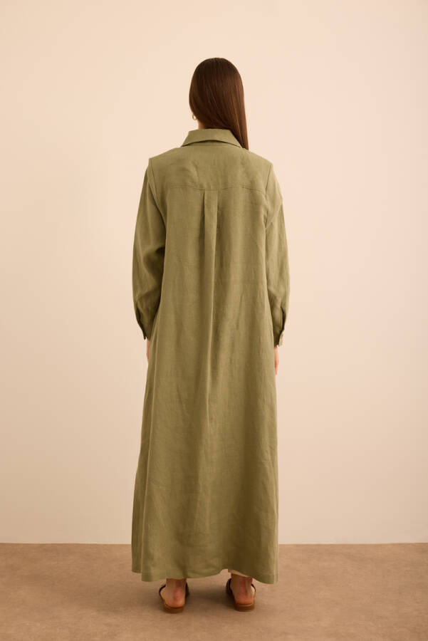 Haki Yanları Yırtmaçlı Keten Pardösü - 5