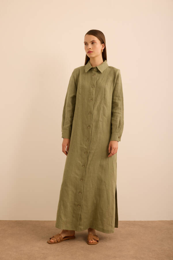 Haki Yanları Yırtmaçlı Keten Pardösü - 3