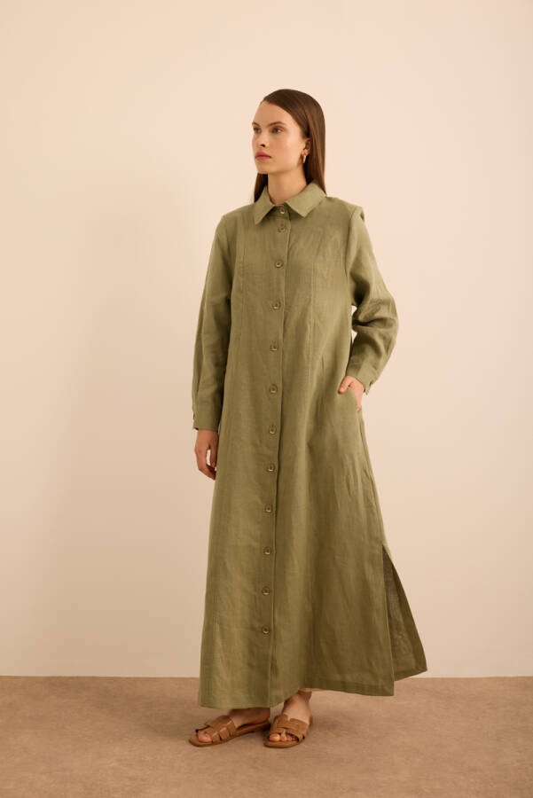 Haki Yanları Yırtmaçlı Keten Pardösü - 4