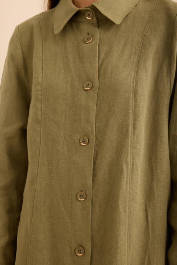 Haki Yanları Yırtmaçlı Keten Pardösü - 5