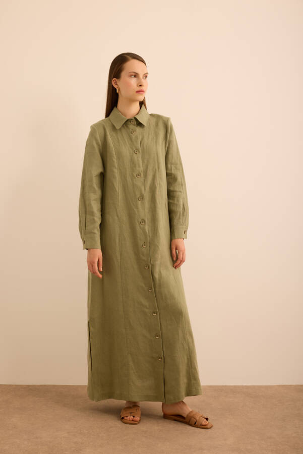 Haki Yanları Yırtmaçlı Keten Pardösü - Aker (1)