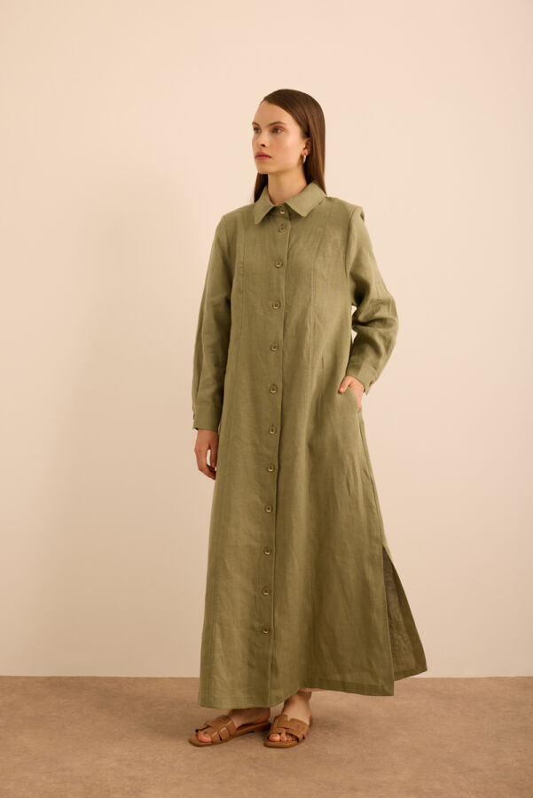 Haki Yanları Yırtmaçlı Keten Pardösü - 4