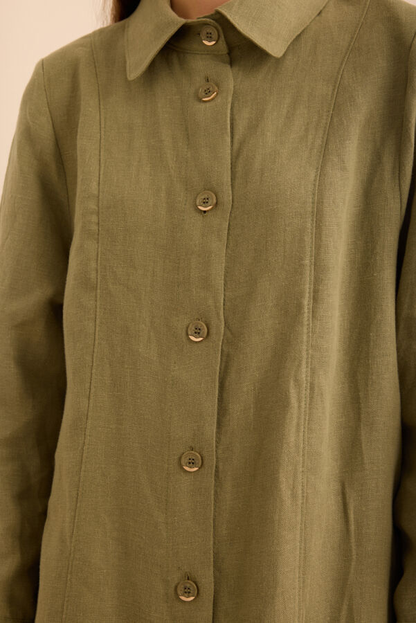 Haki Yanları Yırtmaçlı Keten Pardösü - 5