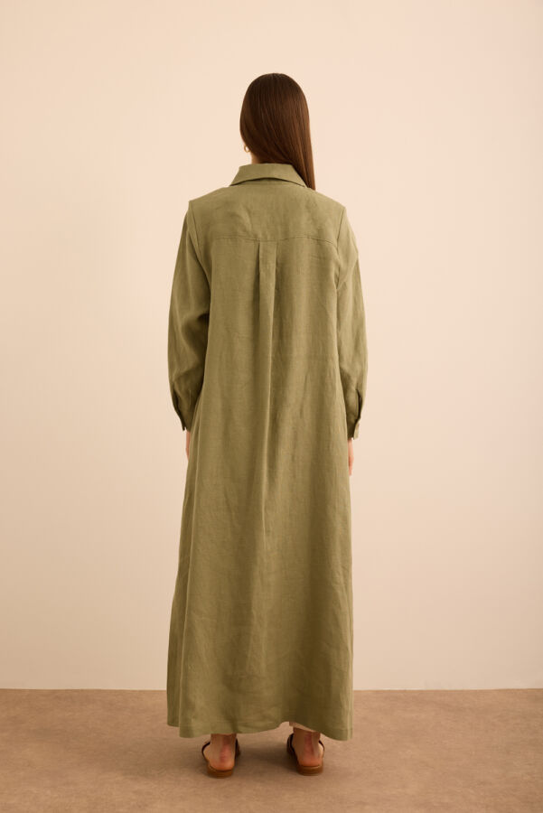 Haki Yanları Yırtmaçlı Keten Pardösü - 6