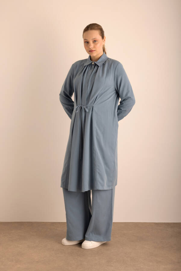 İndigo Beli Bağcıklı Tencel Cotton Tunik - 5