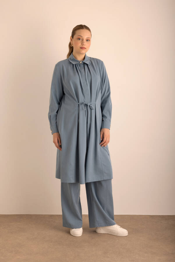 İndigo Beli Bağcıklı Tencel Cotton Tunik - 1