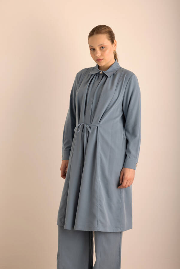 İndigo Beli Bağcıklı Tencel Cotton Tunik - 2