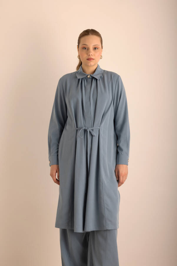 İndigo Beli Bağcıklı Tencel Cotton Tunik - 3