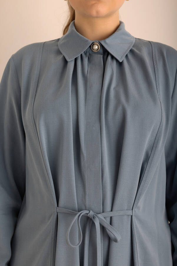 İndigo Beli Bağcıklı Tencel Cotton Tunik - 4