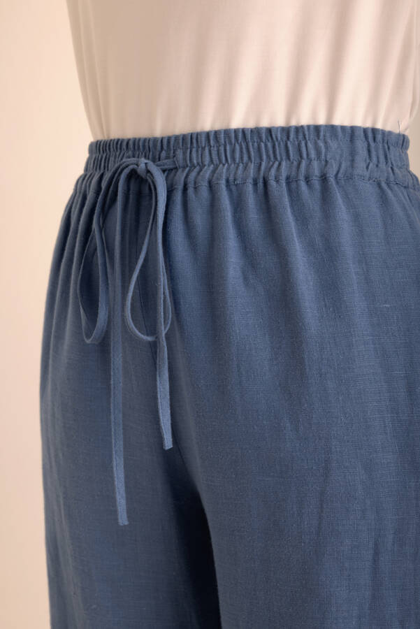 İndigo Beli Lastikli Keten Pantolon - 5
