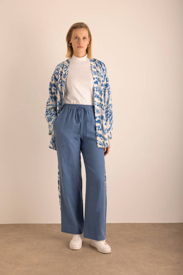 İndigo Beli Lastikli Keten Pantolon - 1