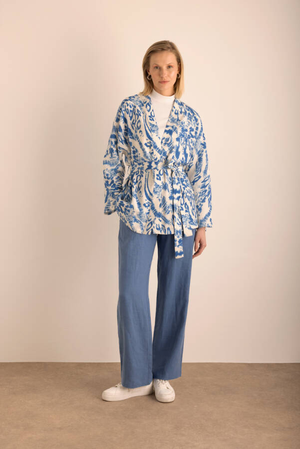 İndigo Beli Lastikli Keten Pantolon - 2