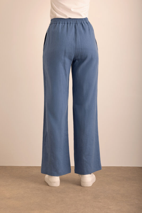 İndigo Beli Lastikli Keten Pantolon - 7