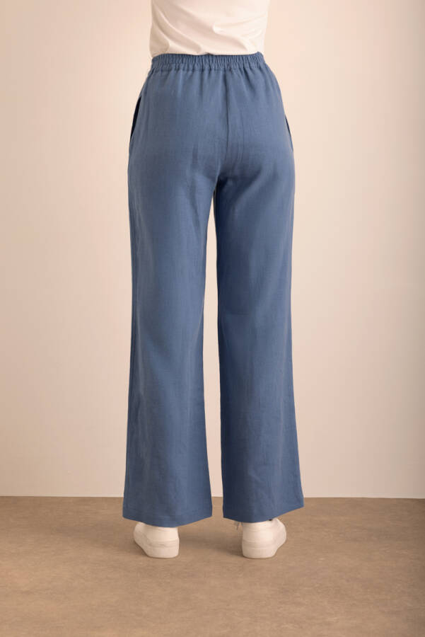 İndigo Beli Lastikli Keten Pantolon - 7