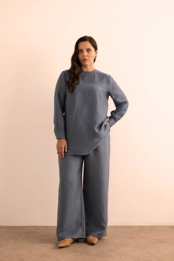 İndigo Beli Lastikli Keten Tencel Pantolon - 1
