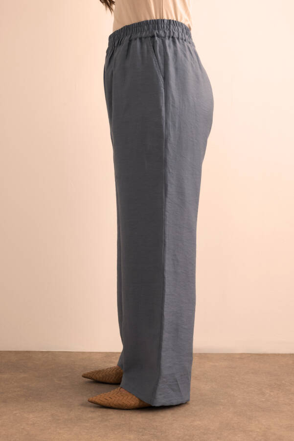 İndigo Beli Lastikli Keten Tencel Pantolon - 5