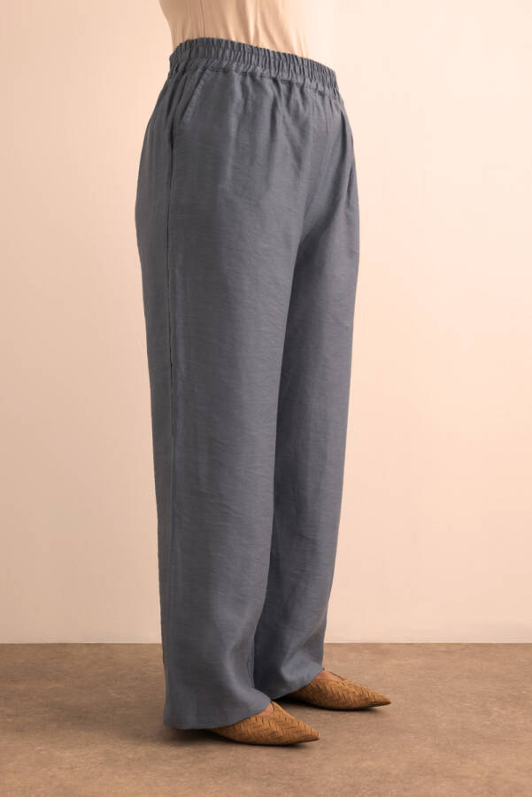 İndigo Beli Lastikli Keten Tencel Pantolon - 3