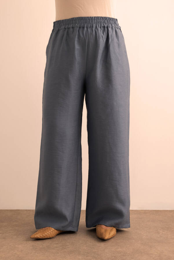 İndigo Beli Lastikli Keten Tencel Pantolon - 4