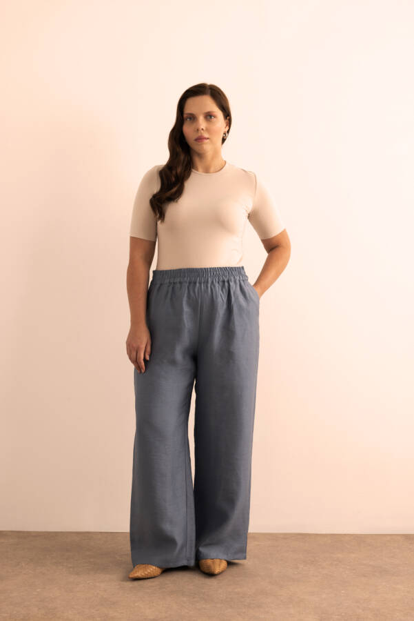İndigo Beli Lastikli Keten Tencel Pantolon - Aker (1)