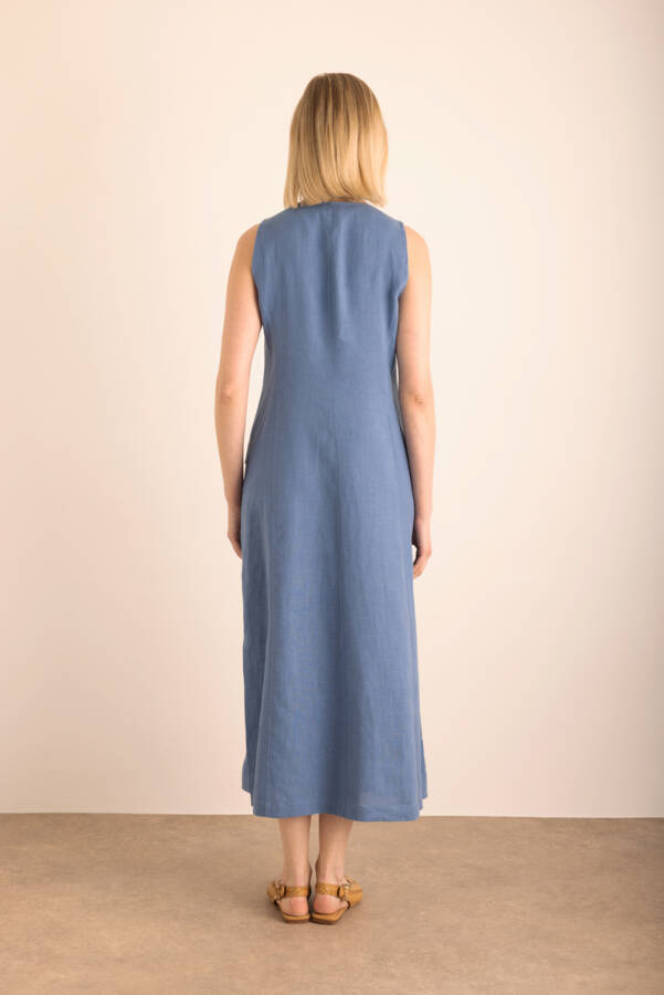 İndigo Cepli , Önden Düğmeli Kolsuz Keten Elbise - 7