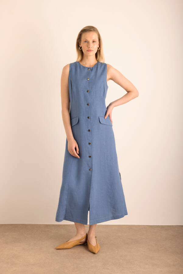 İndigo Cepli , Önden Düğmeli Kolsuz Keten Elbise - Aker