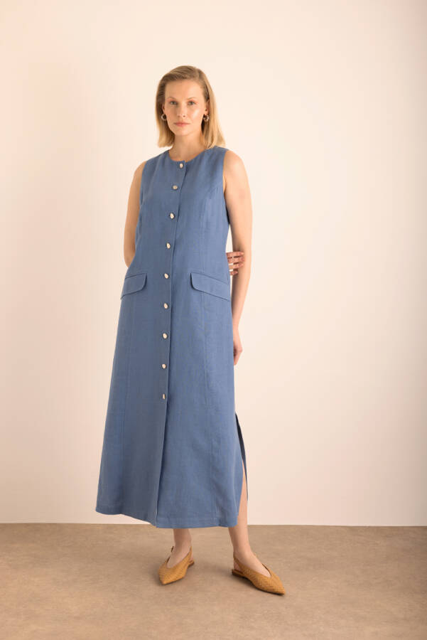 İndigo Cepli , Önden Düğmeli Kolsuz Keten Elbise - 3