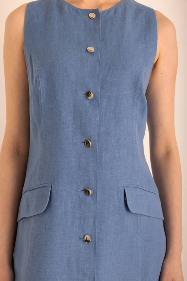 İndigo Cepli , Önden Düğmeli Kolsuz Keten Elbise - 4