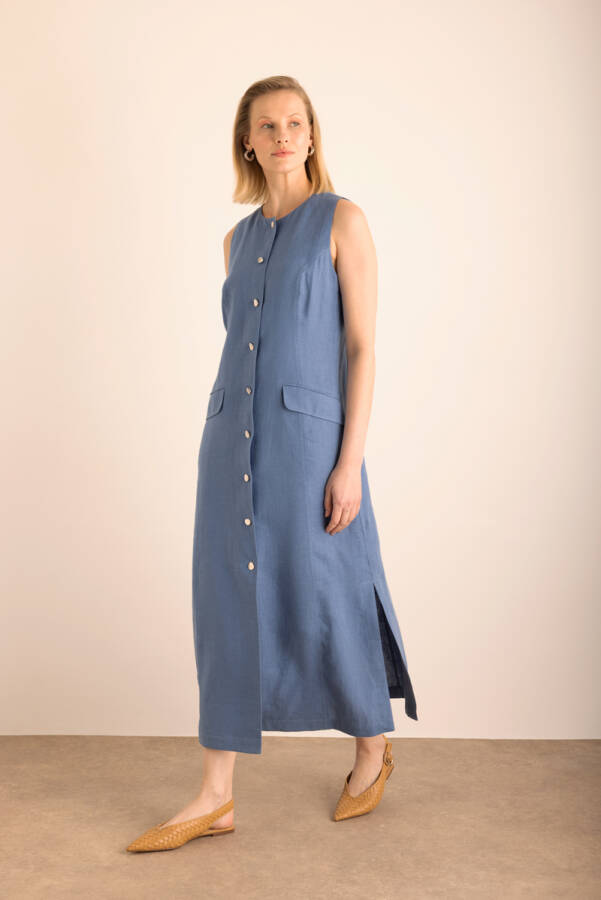 İndigo Cepli , Önden Düğmeli Kolsuz Keten Elbise - Aker (1)