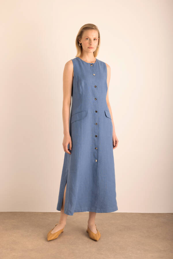 İndigo Cepli , Önden Düğmeli Kolsuz Keten Elbise - 5