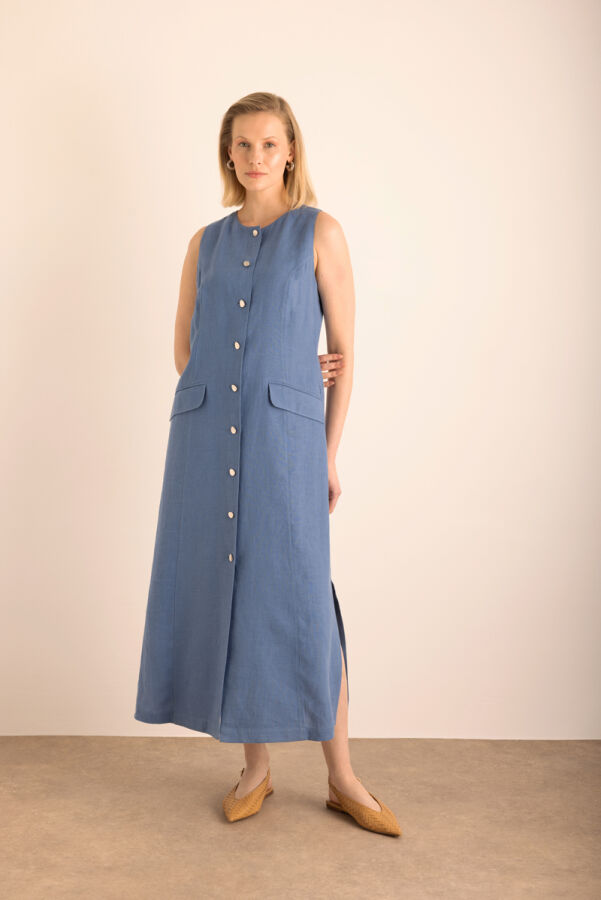 İndigo Cepli , Önden Düğmeli Kolsuz Keten Elbise - 3