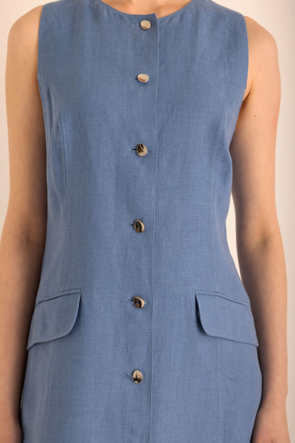 İndigo Cepli , Önden Düğmeli Kolsuz Keten Elbise - 4